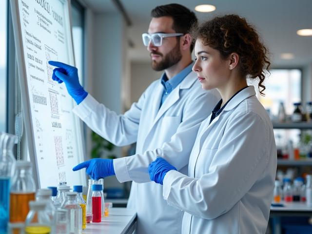 Due scienziati discutono formule e campioni colorati in un laboratorio moderno